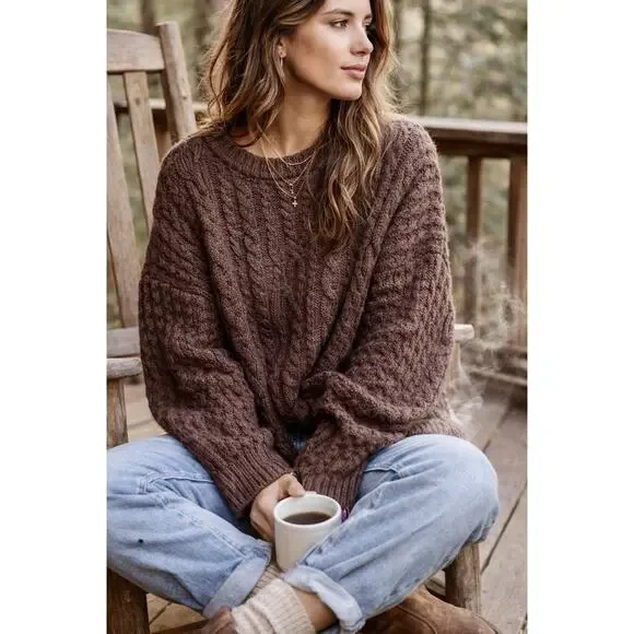 Natural Life Brown Sweater Women’s Sz XL Relaxed Oversized Cable Knit Fisherman - Picture 1 of 8